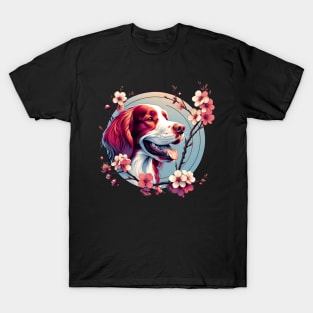 Joyful Irish Red and White Setter Amidst Spring Cherry Blossoms T-Shirt